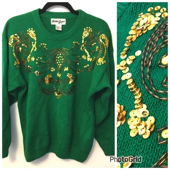 Vintage 80s Green Gold Sweater St Patricks Day Fighting Irish Beaded Sequins (BT - Picture 1 of 16